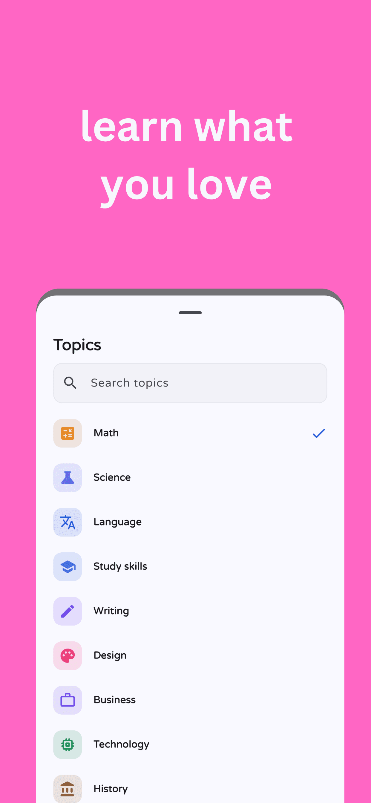 Traitus Topics screen for picking what to learn